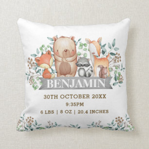 Woodland Animals Birth Stats Botanical Nursery Cushion