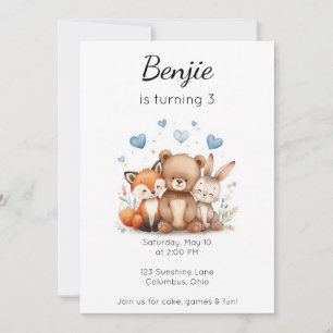 Woodland Animals Birthday Bear Fox Bunny Boy Blue  Invitation