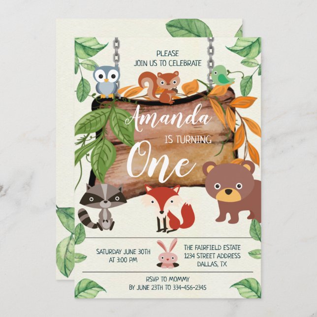 Woodland Animals Birthday Invitation (Front/Back)