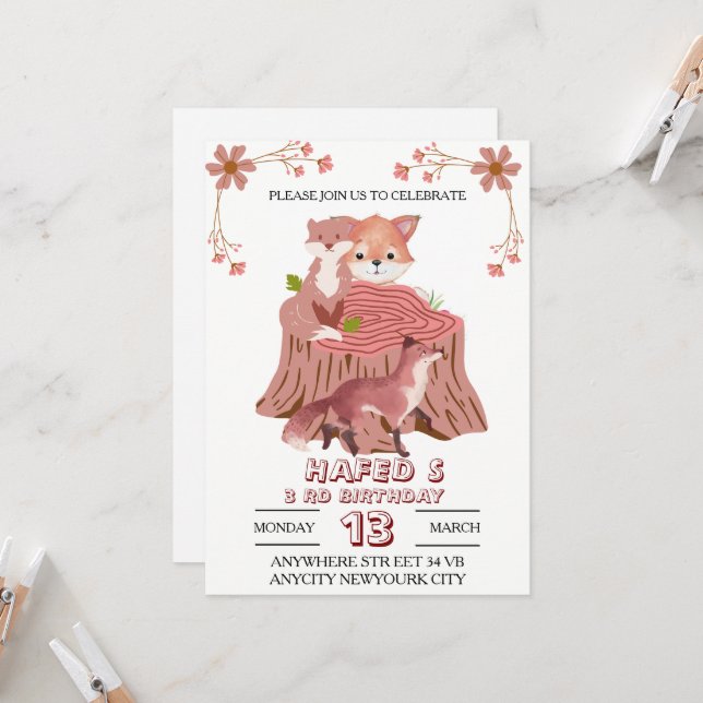 Woodland Animals Birthday Invitation: Fall Forest  Invitation (Front/Back In Situ)