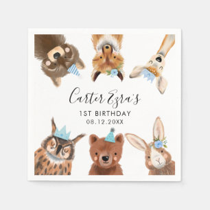 Woodland Animals Birthday Party Blue Napkin