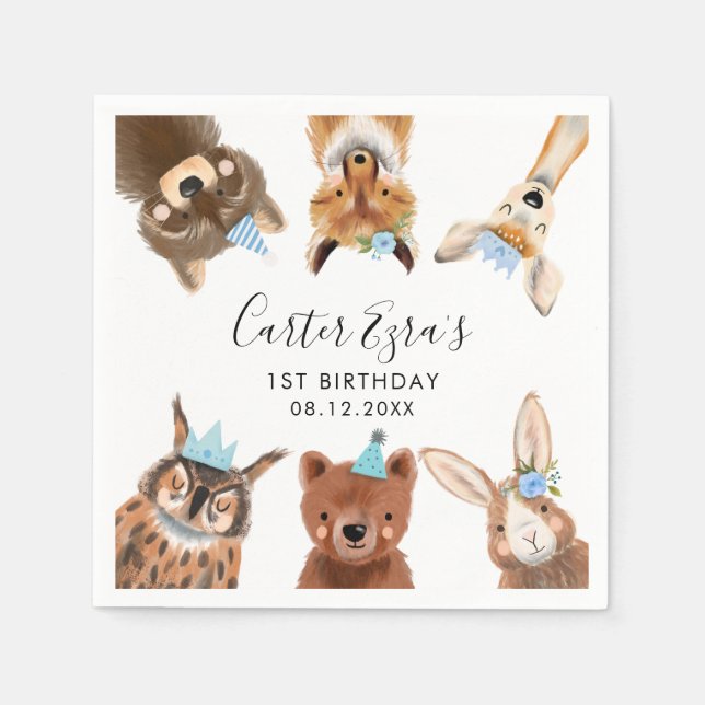 Woodland Animals Birthday Party Blue Napkin (Front)