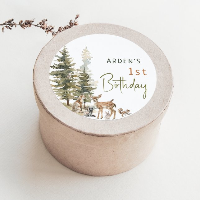 Woodland Animals Birthday Party Favour Classic Round Sticker (Creator Uploaded)