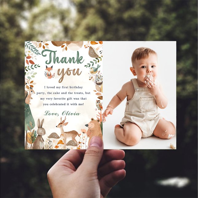 Woodland Animals Birthday Photo Thank You Card  (Creator Uploaded)