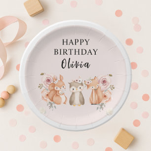 Woodland Animals Birthday Pink Paper Plate