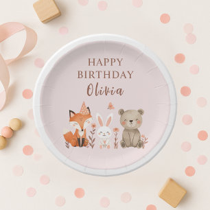 Woodland Animals Birthday Pink  Paper Plate