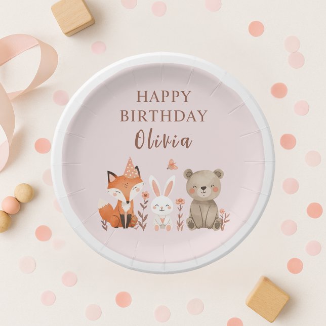 Woodland Animals Birthday Pink  Paper Plate (Creator Uploaded)