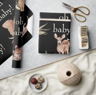 Woodland Animals Black Oh Baby Wrapping Paper