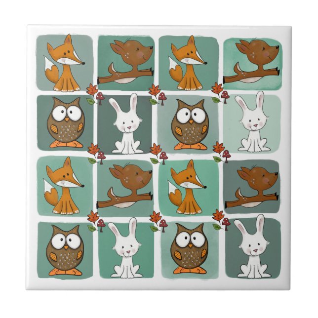 Woodland Animals Block Pattern Ceramic Tile (Front)