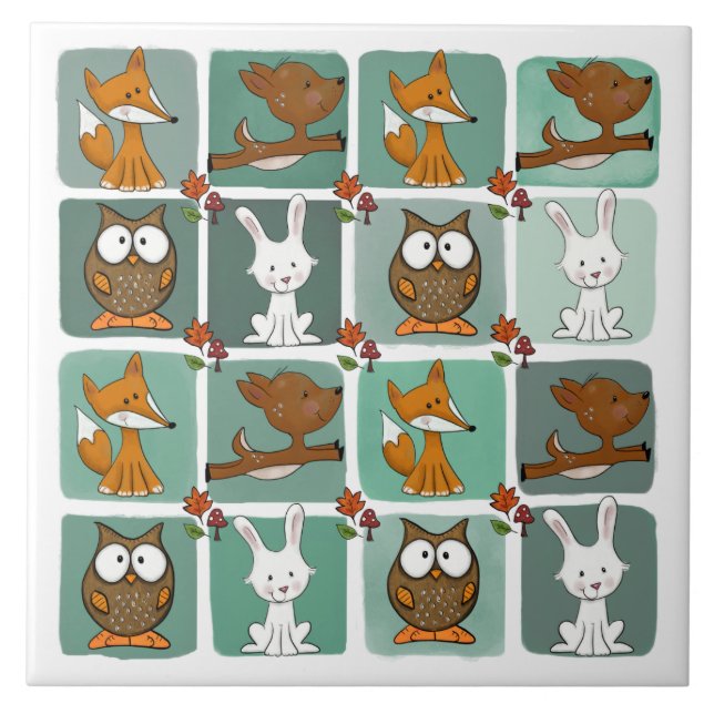 Woodland Animals Block Pattern Ceramic Tile (Front)