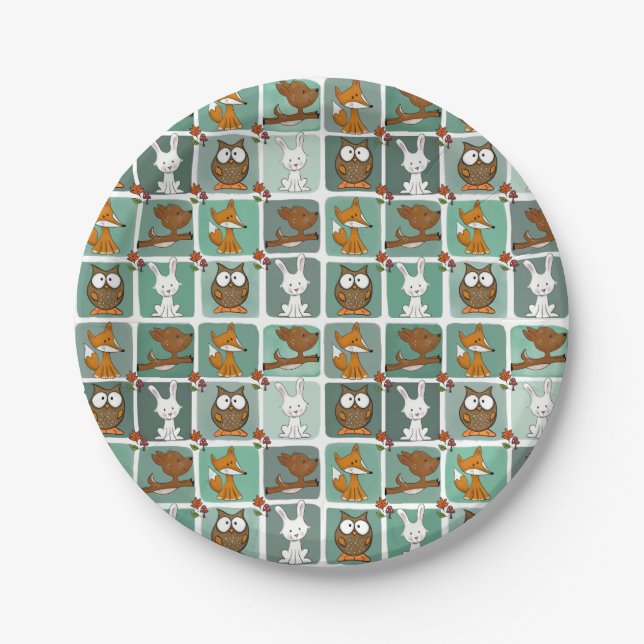 Woodland Animals Block Pattern Paper Plate (Front)