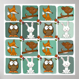 Woodland Animals Block Pattern Poster