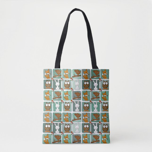 Woodland Animals Block Pattern Tote Bag (Front)