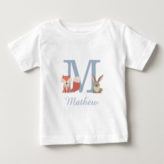 Woodland Animals Blue Baby Boy Initial Monogram Baby T-Shirt (Front)