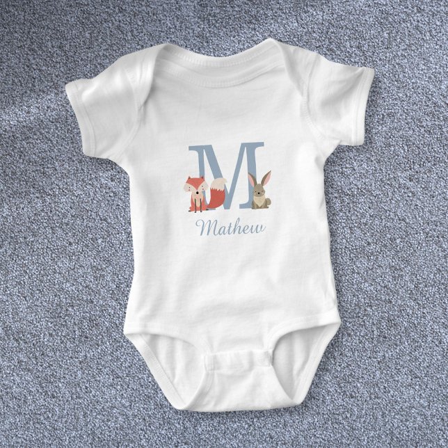 Woodland Animals Blue Baby Boy Initial Monogram Bodysuit (Woodland Animals Blue Baby Boy Initial Monogram Baby Bodysuit)