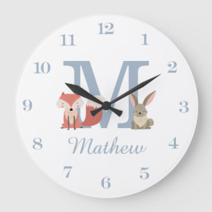 Woodland Animals Blue Baby Boy Initial Monogram Large Clock