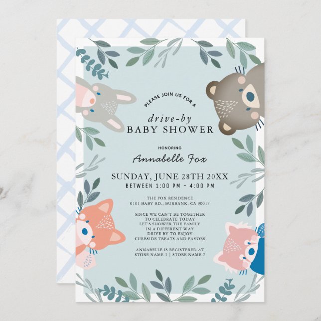 Woodland Animals Blue Boy Drive-by Baby Shower Invitation (Front/Back)