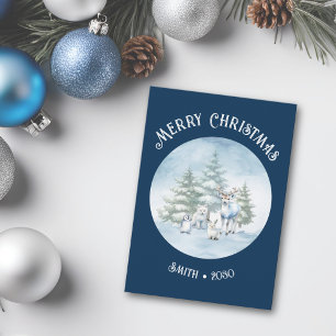 Woodland Animals Blue Christmas Flat Holiday Card