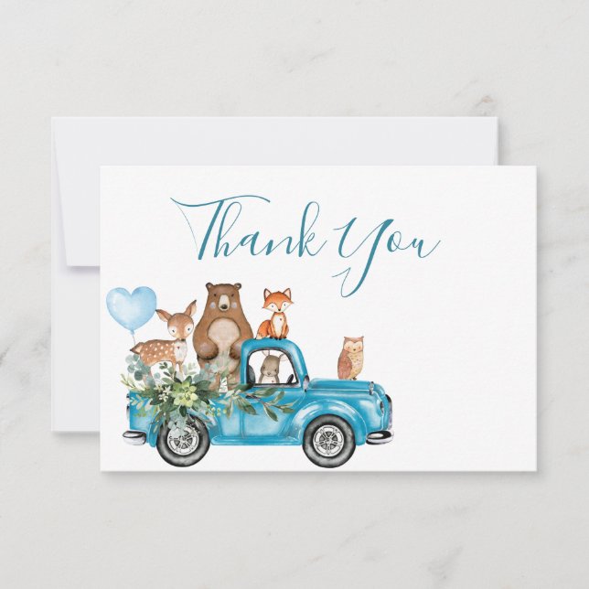 Woodland Animals Blue Truck Thank You Card (Front)