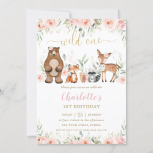 Woodland Animals Blush Floral 1st Birthday One  Invitation