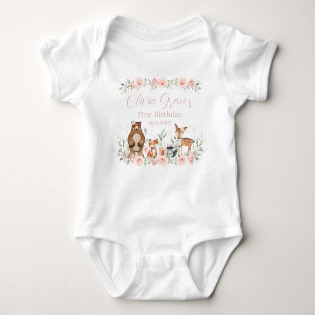 Woodland Animals Blush Floral 1st Birthday Outfit  Baby Bodysuit (Front)