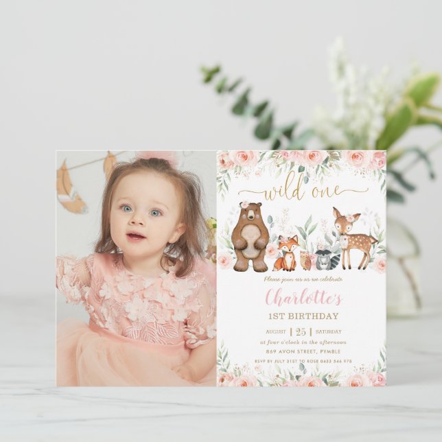 Woodland Animals Blush Floral 1st Birthday Photo Invitation (Standing Front)