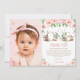 Woodland Animals Blush Floral 1st Birthday Photo   Thank You Card