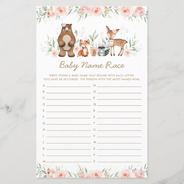 Woodland Animals Blush Floral Baby Name Race Game (Front)