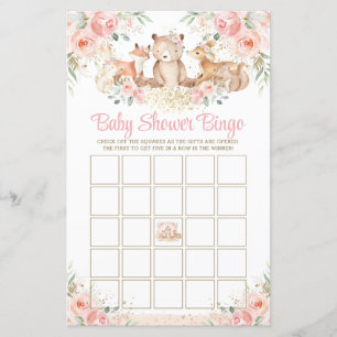 Woodland Animals Blush Floral Baby Shower Bingo 