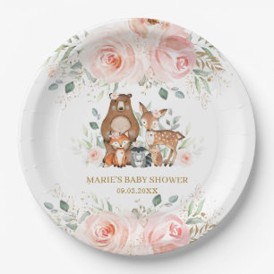 Woodland Animals Blush Floral Baby Shower Birthday Paper Plate