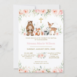 Woodland Animals Blush Floral Baptism Christening  Invitation
