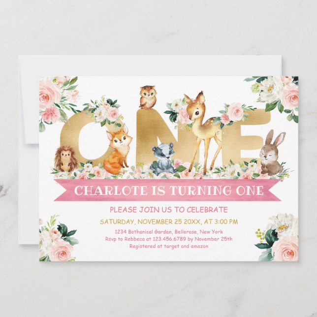 Woodland animals blush floral gold ONE birthday Invitation (Front)