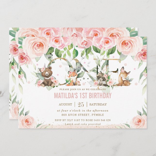 Woodland Animals Blush Floral One 1st Birthday Invitation (Front/Back)