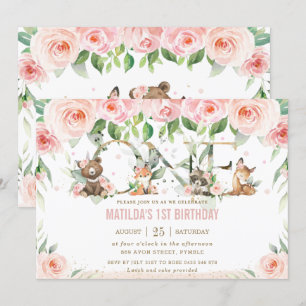 Woodland Animals Blush Floral One 1st Birthday Invitation