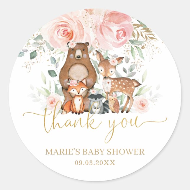 Woodland Animals Blush Floral Thank You Favour  Classic Round Sticker (Front)