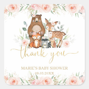Woodland Animals Blush Floral Thank You Favour   Square Sticker