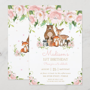 Woodland Animals Blush Pink Floral 1st Birthday Invitation