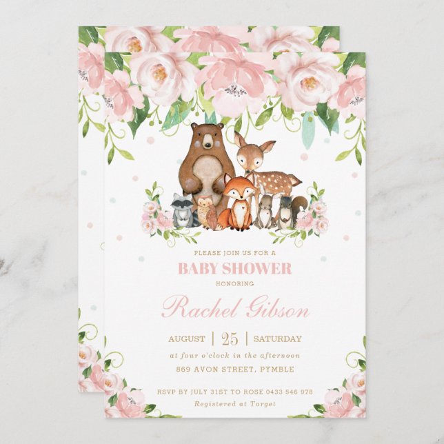 Woodland Animals Blush Pink Floral Baby Shower Invitation (Front/Back)