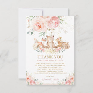 Woodland Animals Blush Pink Floral Baby Shower  Thank You Card