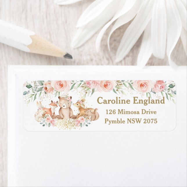Woodland Animals Blush Pink Floral Return Address  Label (Insitu)