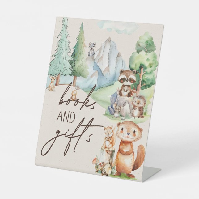 Woodland Animals Boho Baby Shower Books Gifts Pedestal Sign (Front)