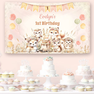 Woodland Animals Boho Pastel Girl 1st Birthday  Banner