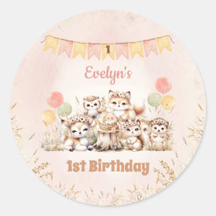 Woodland Animals Boho Pastel Girl 1st Birthday Classic Round Sticker