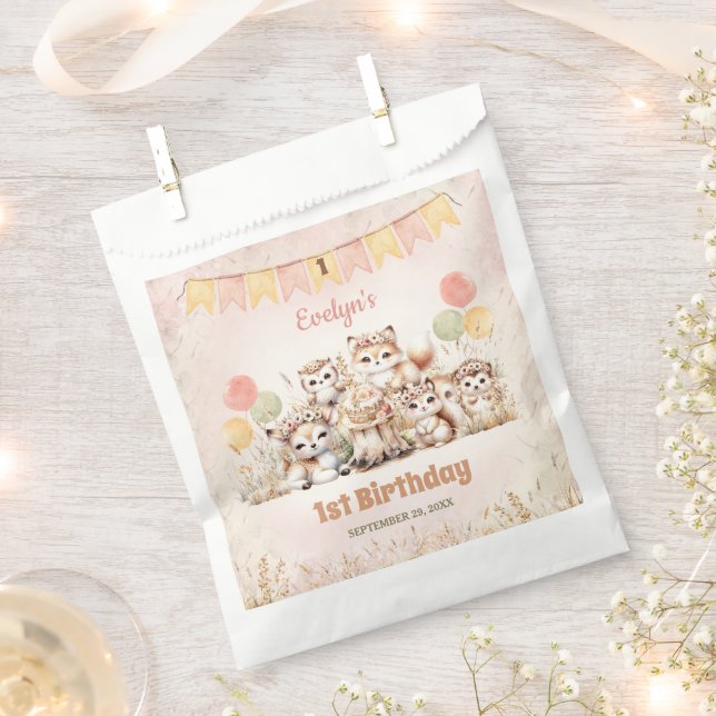Woodland Animals Boho Pastel Girl 1st Birthday  Favour Bag (Clipped)