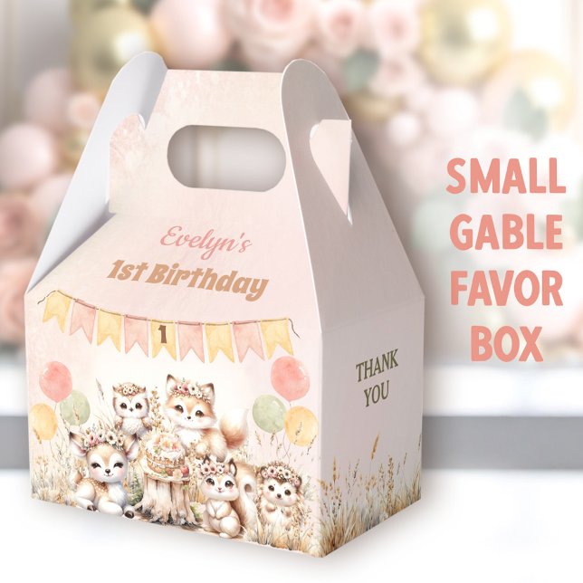 Woodland Animals Boho Pastel Girl 1st Birthday  Favour Box (Woodland Animals Small Gable Favor Boxes - You can choose from 3 sizes of these gable favor boxes)