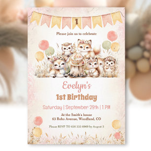 Woodland Animals Boho Pastel Girl 1st Birthday Invitation
