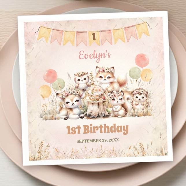 Woodland Animals Boho Pastel Girl 1st Birthday  Napkin (Woodland Animals Boho Pastel Girl 1st Birthday Napkins)
