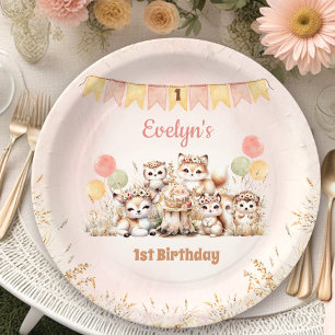 Woodland Animals Boho Pastel Girl 1st Birthday Paper Plate