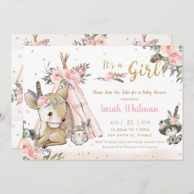 Woodland Animals Boho Tribal Girl Baby Shower Invitation (Front/Back)