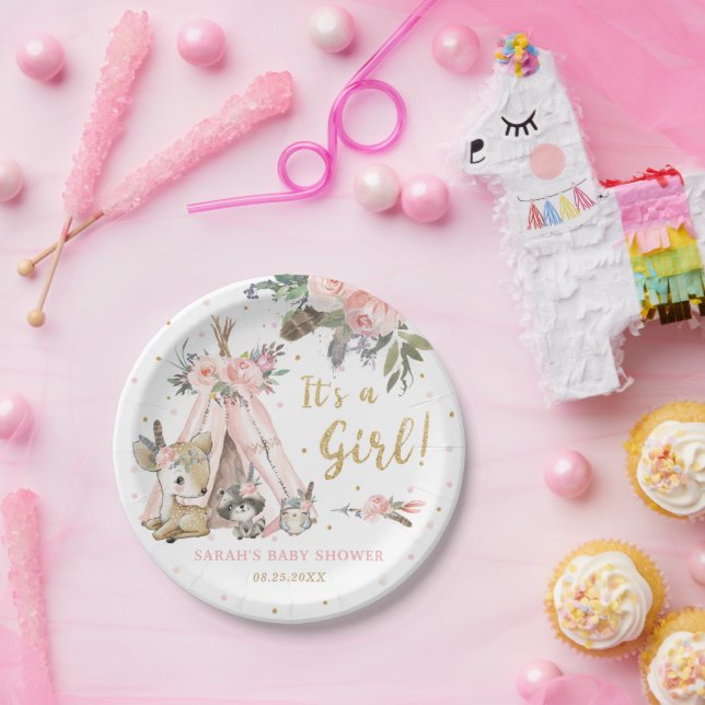 Woodland Animals Boho Tribal Girl Baby Shower  Pap Paper Plate (Party)